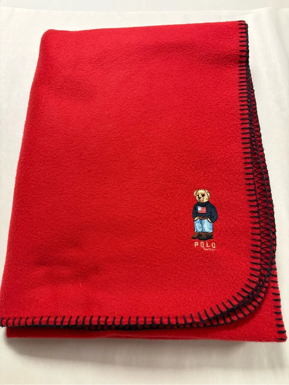 Polo Ralph Lauren Fleece  Polo Bear Red Wool Blanket with Contrast Stitching